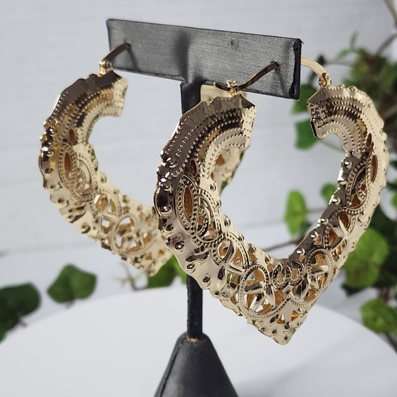 Large Statement Gold Filled Doorknocker Filigree Hoop Earrings - Picture 6 of 8